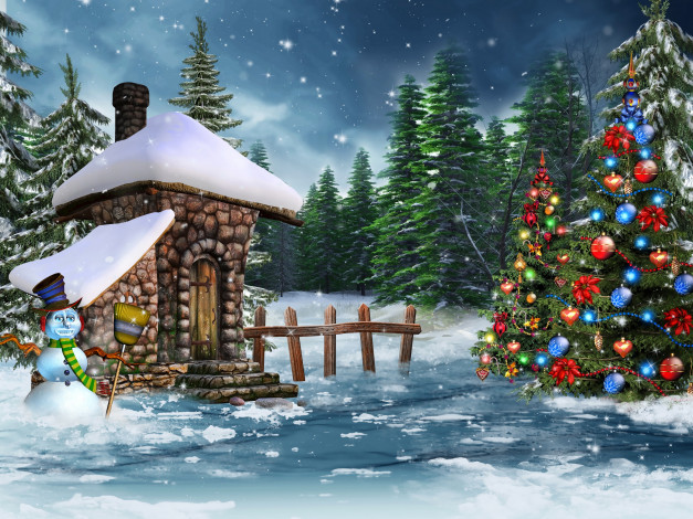 Обои картинки фото праздничные, 3д графика , новый год, снегновик, сторожка, елка, украшения