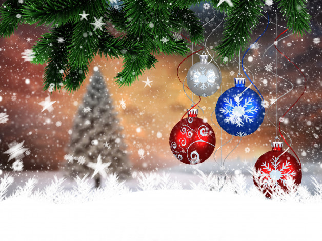 Обои картинки фото праздничные, векторная графика , новый год, елка, шарики, ветки, снежинки