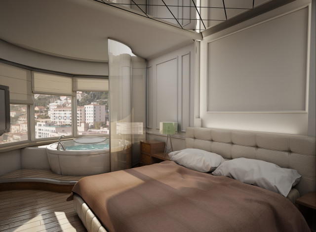 Обои картинки фото 3д графика, реализм , realism, кровать, спальня, ванная, подушки