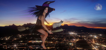 Картинка 3д+графика праздники+ holidays фон взгляд девушка полет шляпа метла кот ведьма