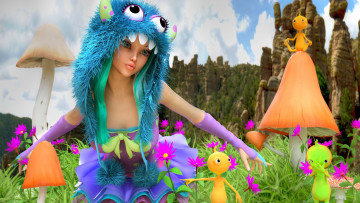 Картинка 3д+графика фантазия+ fantasy девушка фон взгляд грибы