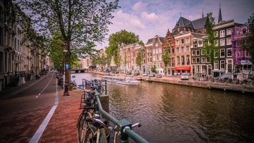 обоя города, амстердам , нидерланды, велосипеды, канал