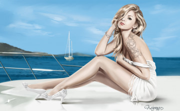 Картинка рисованное люди яхта фон море взгляд девушка