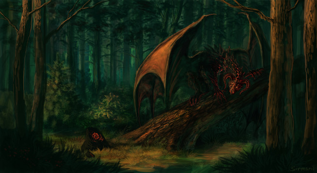 Обои картинки фото фэнтези, драконы, фантастика, крылья, лес, деревья, рога, взгляд, демон, арт, камень