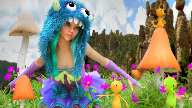 Обои картинки фото 3д графика, фантазия , fantasy, девушка, фон, взгляд, грибы