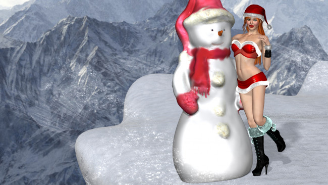 Обои картинки фото 3д графика, праздники , holidays, снеговик, фон, снегурочка, взгляд, девушка