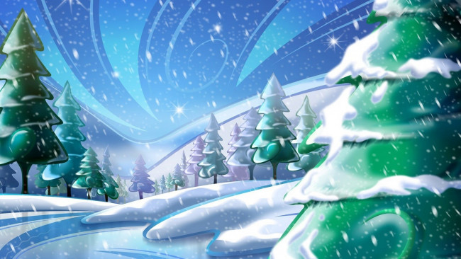 Обои картинки фото векторная графика, природа , nature, зима, ёлки, деревья, вьюга, снег