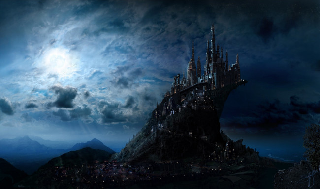 Обои картинки фото фэнтези, замки, город, ночь, свет, замок, арт, небо, луна, fantasy, фантастика