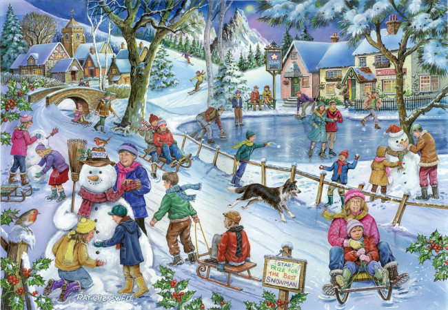 Обои картинки фото рисованное, дети, зима, санки, мост, горька, река