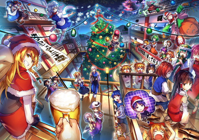 Обои картинки фото аниме, touhou, рождество, арт, uu, zan, девочки, город, праздник