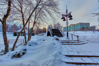Картинка города -+пейзажи мост снег зима фонари