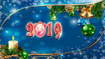 обоя праздничные, векторная графика , новый год, 2019, ветки, ели, колокольчики, шары, свеча, фон, снежинки