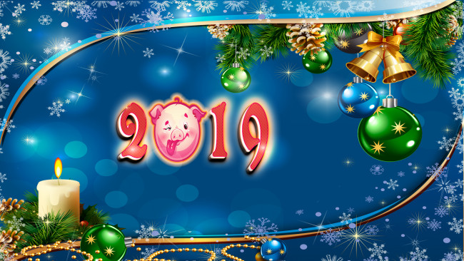 Обои картинки фото праздничные, векторная графика , новый год, 2019, ветки, ели, колокольчики, шары, свеча, фон, снежинки