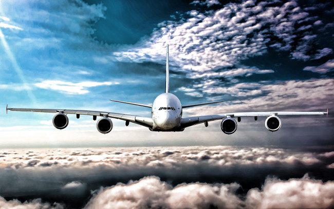 Обои картинки фото airbus a380, авиация, пассажирские самолёты, hdr, airbus, пассажирские, самолеты, авиалайнер, облака, голубое, небо, a380