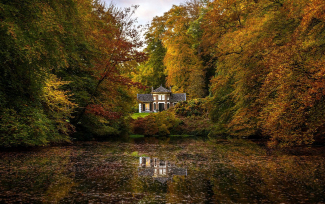 Обои картинки фото города, - пейзажи, осень, пруд, дом