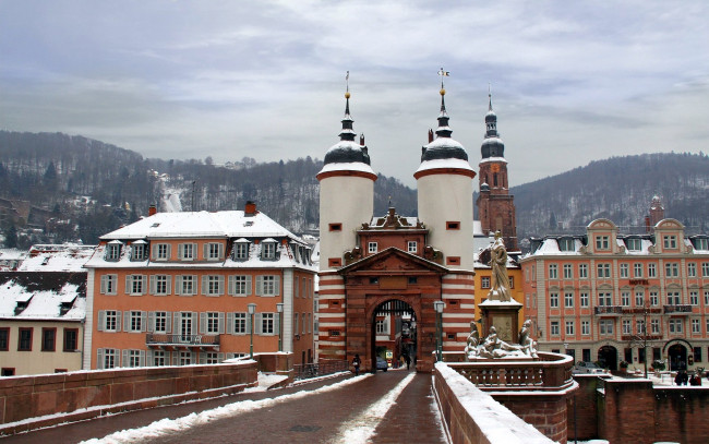 Обои картинки фото города, гейдельберг , германия, зима, мост, башни