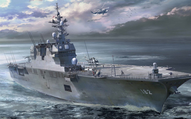 Обои картинки фото jds ise ddh-182 hyuga class, корабли, рисованные, hyuga-class, авианосец, японские, морские, силы, самообороны, jmsdf, военный, корабль, вертолетоносец