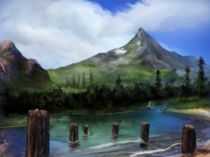 Картинка рисованное природа горы лес река столбы