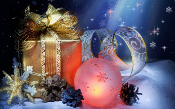 обоя праздничные, подарки и коробочки, подарок, коробка, снежинки, шарик, шишки