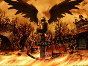 Картинка аниме angels demons скелет крылья парень перья статуи череп облака небо деревья лошадь руины оружие коса крест ангел+смерти