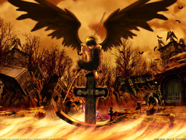 Обои картинки фото аниме, angels, demons, скелет, крылья, парень, перья, статуи, череп, облака, небо, деревья, лошадь, руины, оружие, коса, крест, ангел смерти