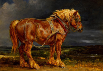 Картинка рисованные животные лошади рыжий тучи сбруя лошадь