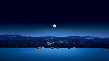 Картинка природа реки озера ночь луна снег дома