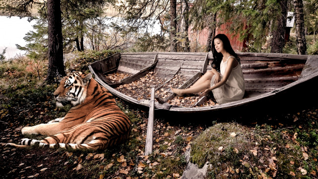 Обои картинки фото -Unsort Азиатки, девушки, unsort, азиатки, девушка, лодка, лес, тигр