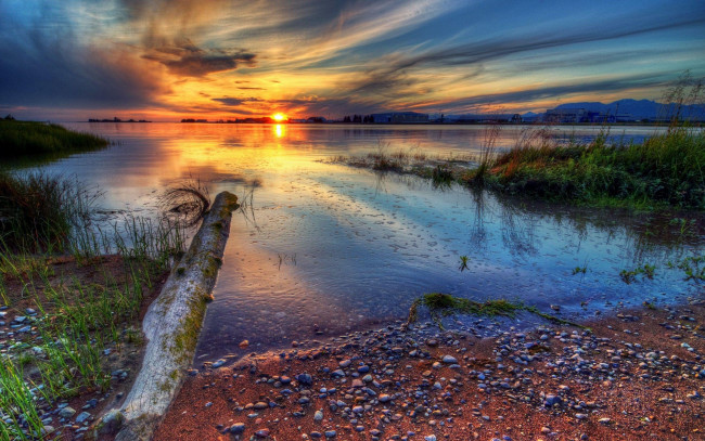 Обои картинки фото sunset, природа, восходы, закаты, озеро, солнце, тучи, трава, бревно