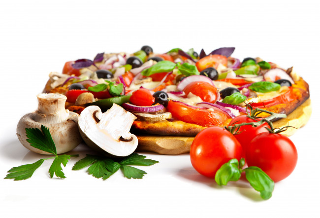 Обои картинки фото еда, пицца, грибы, помидоры, томты
