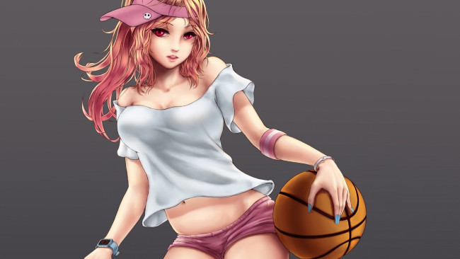 Обои картинки фото аниме, *unknown , другое, серый, фон, девушка, oinary, мяч, баскетболл