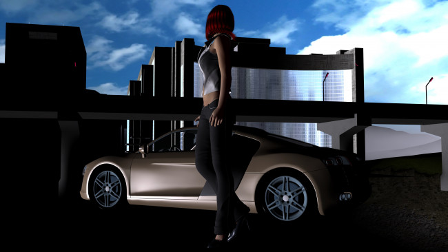 Обои картинки фото автомобили, 3d car&girl, фон, автомобиль, взгляд, девушка
