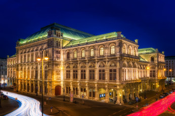 Картинка города вена+ австрия выдержка огни ночь дворец дома вена здание staatsoper улицы opera house фонари дороги