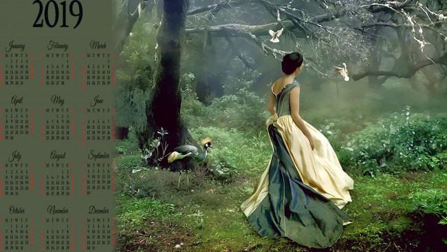 Обои картинки фото календари, фэнтези, птица, девушка, лес, растения, деревья