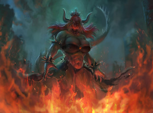 Картинка фэнтези демоны девушка существо зубы огонь хвост рога взгляд фон