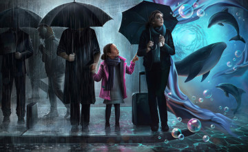 Картинка фэнтези иные+миры +иные+времена зонт дельфин кит чемодан дождь девочка люди