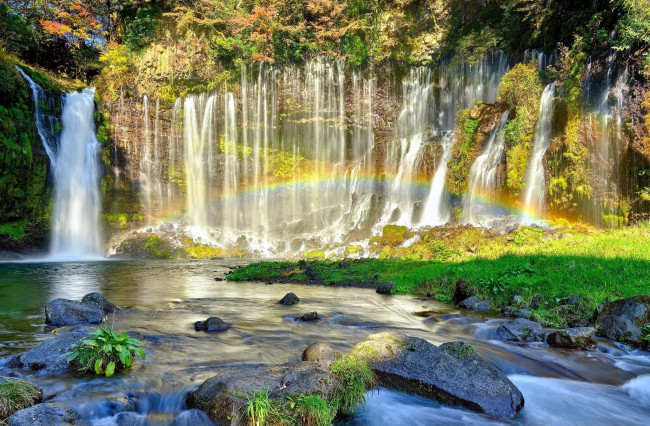 Обои картинки фото природа, водопады, поток, радуга, вода, водопад
