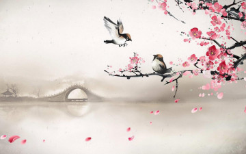 Картинка рисованное животные +птицы ветка цветение птицы мост