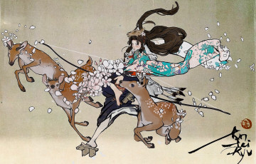 Картинка фэнтези девушки девушка олени цветы лук