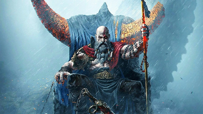 Обои картинки фото видео игры, god of war,  ragnarok, кратос, трон, рога, копье, цепи