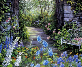 Картинка susan+rios рисованное цветы сад арка скамейка