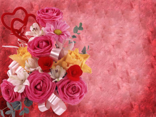 Картинка цветы букеты композиции лента альстромерия розы сердечки