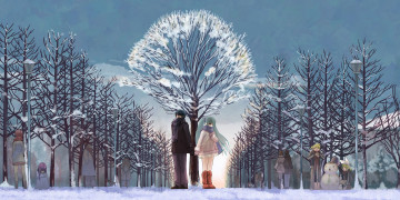 Картинка аниме vocaloid деревья зима парень парк девушка снег снеговик дети аллея