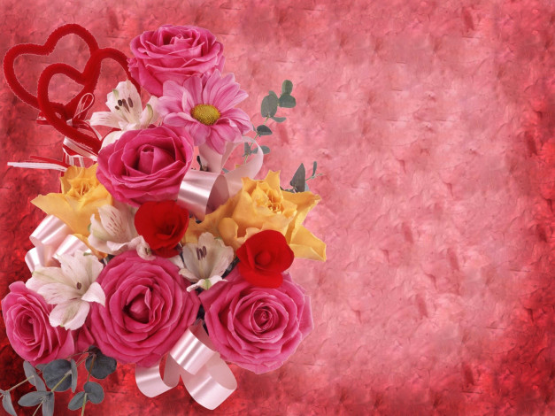 Обои картинки фото цветы, букеты, композиции, лента, альстромерия, розы, сердечки