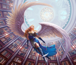 обоя фэнтези, ангелы, библиотека, книги, крылья