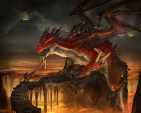 Картинка фэнтези драконы лава скалы оружие вулканы воин дракон
