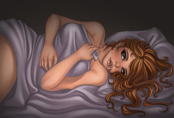 Картинка фэнтези вампиры поза одеяло кровать глаза лицо кудрявая взгляд волосы