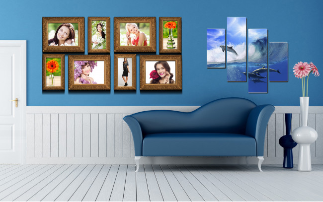 Обои картинки фото 3д, графика, realism, реализм, вазы, картины, диван, цветы, дельфины, интерьер