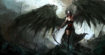 обоя фэнтези, ангелы, фантастика, арт, падший, ангел, крылья, шлем, коса, оружие, птицы, мрачно