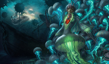 Картинка подводный+мир фэнтези существа существо подводный мир медуза подводная лодка бомбы